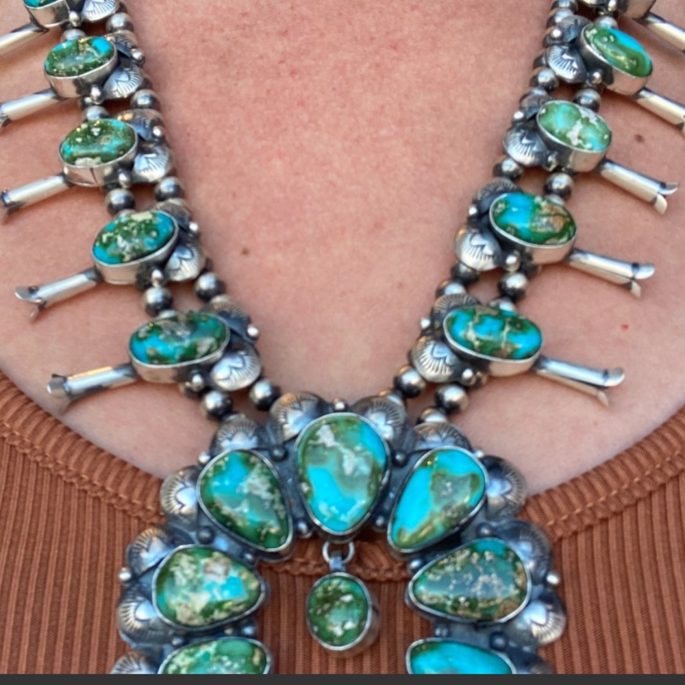 Navajo Sterling Silver and Turquoise Squash Blossom Necklace